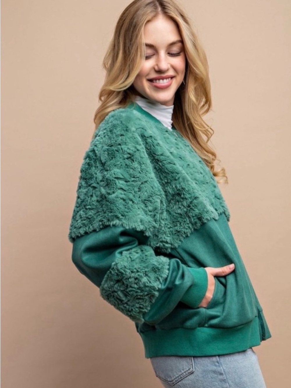 💚 NWT GIGIO Emerald Green Mixed Media Faux Fur Bomber Jacket 💚